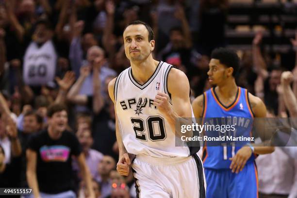 Manu Ginobili of the San Antonio Spurs reacts to a play in the second half against the Oklahoma City Thunder during Game Five of the Western...