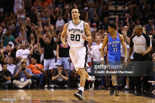 Manu Ginobili of the San Antonio Spurs reacts to a play in the second half against the Oklahoma City Thunder during Game Five of the Western...