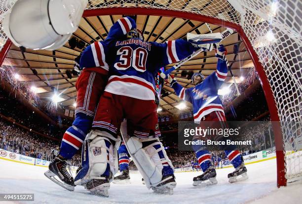 Henrik Lundqvist of the New York Rangers celebrates after defeating the Montreal Canadiens in Game Six to win the Eastern Conference Final in the...