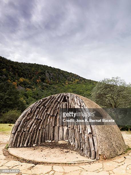 Interior sight of an ancient oven to make coal of the mountain, with the trunks of wood piled up and ready to ignite them