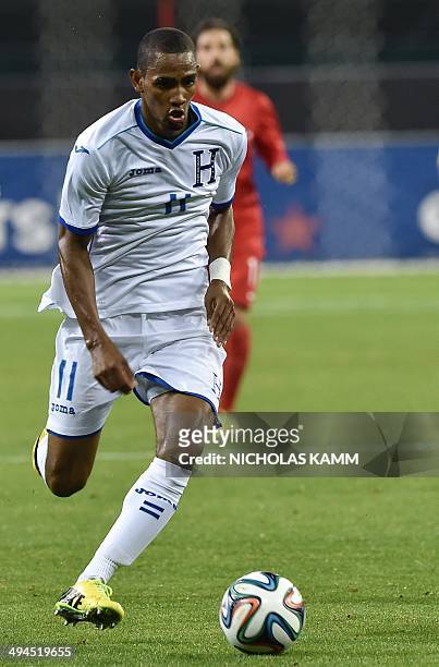 Forward Jerry Bengtson of Honduras moves the ball during a World Cup preparation friendly match against Turkey at RFK Stadium in Washington on May...