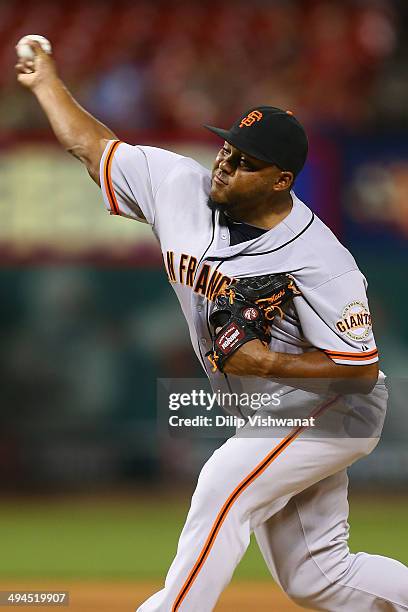 Reliever Jean Machi of the San Francisco Giants pitches against the St. Louis Cardinals at Busch Stadium on May 29, 2014 in St. Louis, Missouri. The...