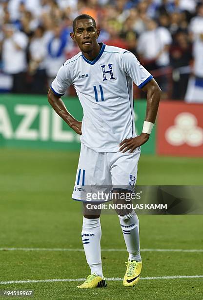 Forward Jerry Bengtson of Honduras reacts during a World Cup preparation friendly match against Turkey at RFK Stadium in Washington on May 29, 2014....