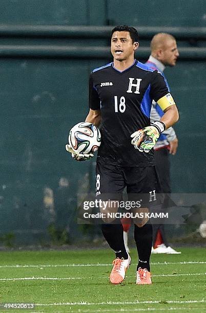 Honduras goalkeeper and captain Noel Valladares holds the ball during a World Cup preparation friendly match against Turkey at RFK Stadium in...
