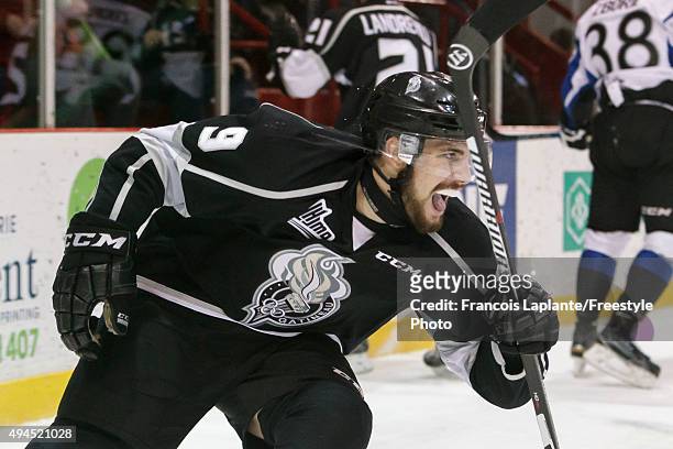 Yan Pavel Laplante of the Gatineau Olympiques celebrates his goal against the Saint John Sea Dogs on October 18, 2015 at Robert Guertin Arena in...