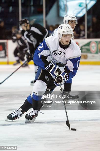 Adam Marsh of the Saint John Sea Dogs skates with the puck during warmup prior to a game against the Gatineau Olympiques on October 18, 2015 at...