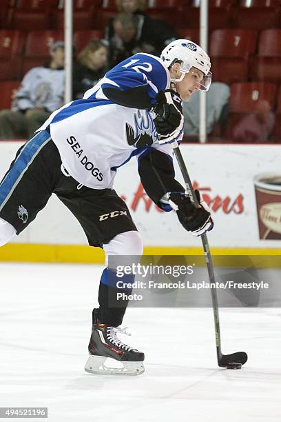 Adam Marsh of the Saint John Sea Dogs fires a shot warmup prior to a game against the Gatineau Olympiques on October 18, 2015 at Robert Guertin Arena...