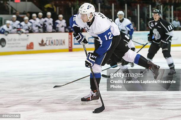 Adam Marsh of the Saint John Sea Dogs fires a shot against the Gatineau Olympiques on October 18, 2015 at Robert Guertin Arena in Gatineau, Quebec,...