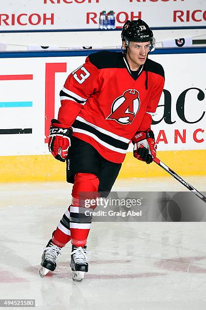 Jim O'Brien of the Albany Devils takes warmup prior to a game against the Toronto Marlies on October 17, 2015 at the Ricoh Coliseum in Toronto,...