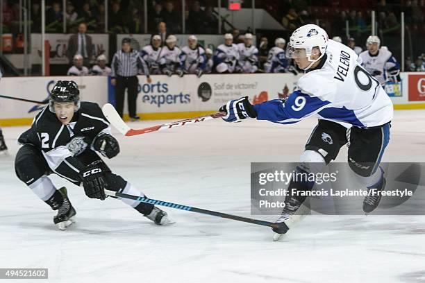 Joe Veleno of the Saint John Sea Dogs fires a shot against the Gatineau Olympiques on October 18, 2015 at Robert Guertin Arena in Gatineau, Quebec,...