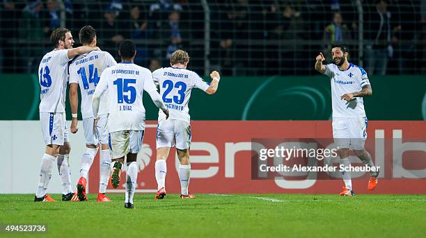 Aytac Sulu of SV Darmstadt 98 celebrates the first goal for his team with Peter Niemeyer of SV Darmstadt 98, Sandro Wagner of SV Darmstadt 98, Junior...