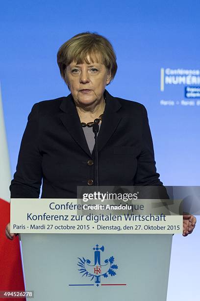 German Chancellor Angela Merkel delivers a speech during the France-Germany digital conference at the Elysee palace on October 27, 2015 in Paris,...