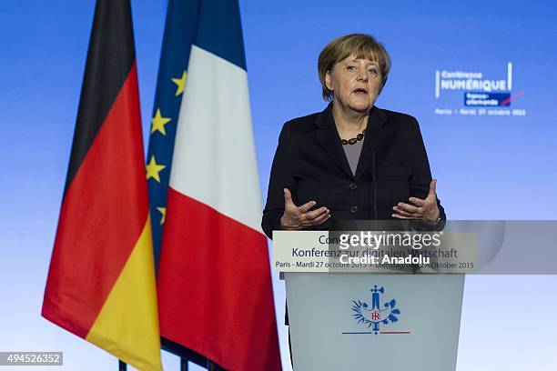 German Chancellor Angela Merkel delivers a speech during the France-Germany digital conference at the Elysee palace on October 27, 2015 in Paris,...