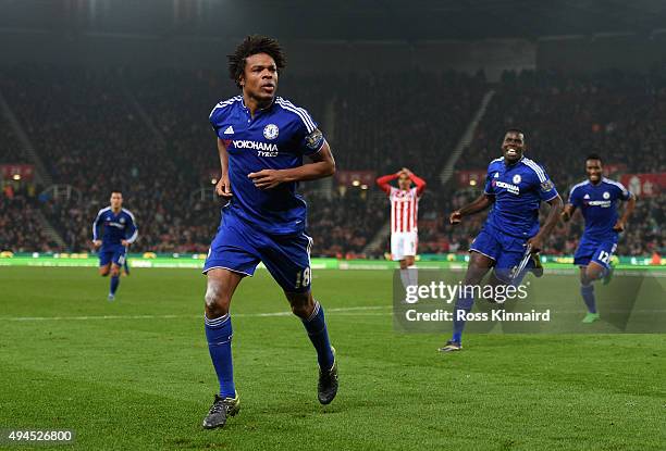 Loic Remy of Chelsea celebrates after scoring an injury time goal to level the scores at 1-1 during the Capital One Cup fourth round match between...