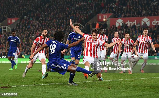 Loic Remy of Chelsea scores an injury time goal to level the scores at 1-1 during the Capital One Cup fourth round match between Stoke City and...
