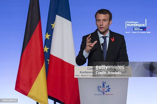 Emmanuel Macron, French Minister of Economy, delivers a speech during the France-Germany digital conference at the Elysee palace on October 27, 2015...