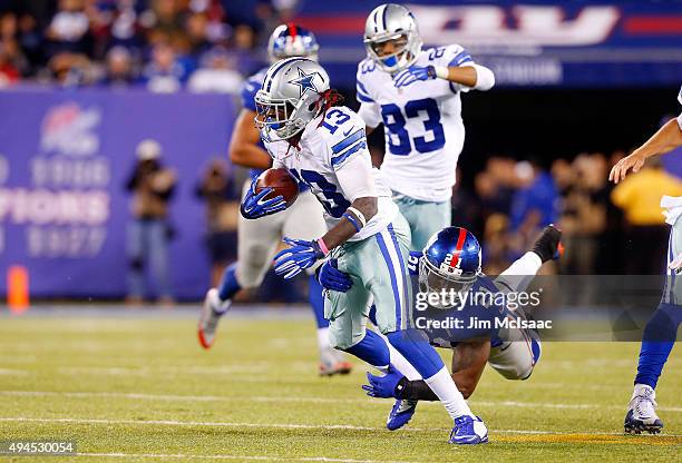 Lucky Whitehead of the Dallas Cowboys in action against Landon Collins of the New York Giants on October 25, 2015 at MetLife Stadium in East...