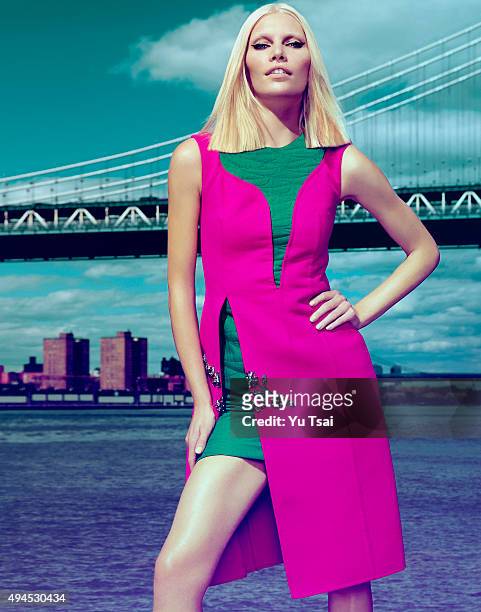 Model Aline Weber is photographed for a fashion editorial for Harpers Bazaar Singapore on May 5, 2014 in New York City. Published Image.