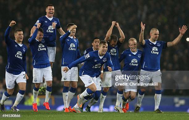 Gerard Deulofeu of Everton celebrates winning the penalty shoot out during the Capital One Cup Fourth Round match between Everton and Norwich City at...