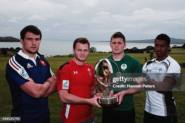 Francois Cros of France, Steffan Hughes of Wales, Jack O'Donoghue of Ireland and Akuila Tabualevu of Fiji pose for a photo following the Junior World...