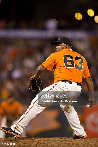 Jean Machi of the San Francisco Giants pitches against the Minnesota Twins during the ninth inning at AT&T Park on May 23, 2014 in San Francisco,...