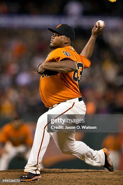 Jean Machi of the San Francisco Giants pitches against the Minnesota Twins during the ninth inning at AT&T Park on May 23, 2014 in San Francisco,...