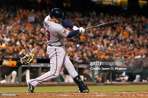 Josmil Pinto of the Minnesota Twins at bat against the San Francisco Giants during the eighth inning at AT&T Park on May 23, 2014 in San Francisco,...