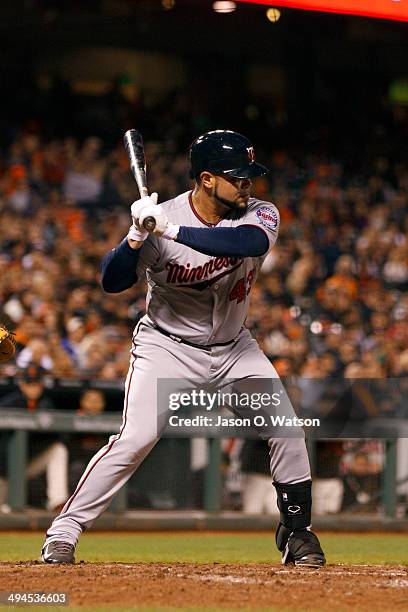 Josmil Pinto of the Minnesota Twins at bat against the San Francisco Giants during the eighth inning at AT&T Park on May 23, 2014 in San Francisco,...