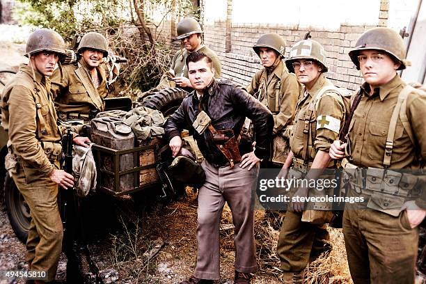 group of world war ll solider posing for the photographer - platoon stock pictures, royalty-free photos & images