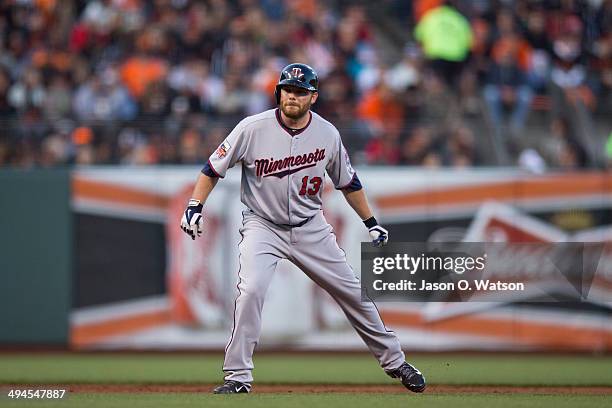 Jason Kubel of the Minnesota Twins leads off second base against the San Francisco Giants during the second inning at AT&T Park on May 23, 2014 in...