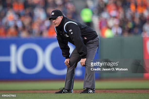 Umpire Paul Emmel stands in the infield during the first inning between the San Francisco Giants and the Minnesota Twins at AT&T Park on May 23, 2014...