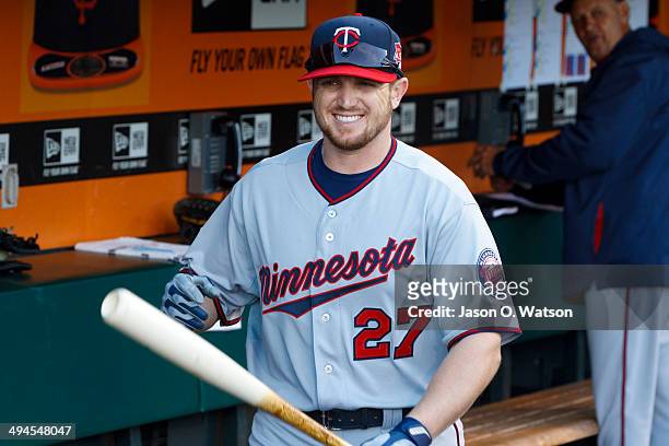 Chris Parmelee of the Minnesota Twins stands in the dugout before the game against the San Francisco Giants at AT&T Park on May 23, 2014 in San...