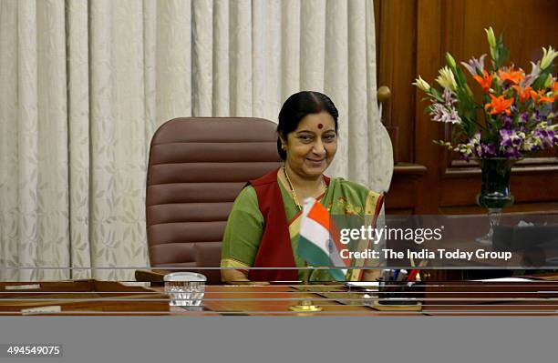 Sushma Swaraj, External Affairs and Overseas Indian Affairs Minister takes charge in her office on May 28, 2014 at South Block, New Delhi, India.