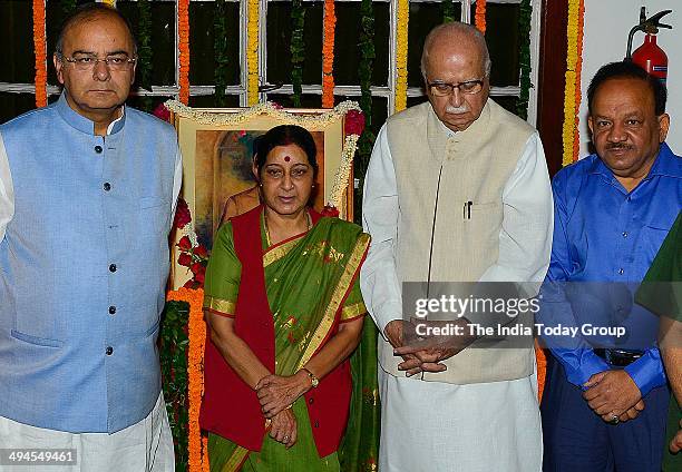 Advani & Sushma Swaraj pay homage at the portrait of Swatantryaveer Vinayak Damodar Savarkar function on his birth anniversary at Parliament House on...