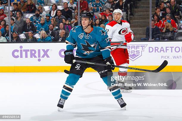 John McCarthy of the San Jose Sharks skates against the Carolina Hurricanes at SAP Center on October 24, 2015 in San Jose, California.