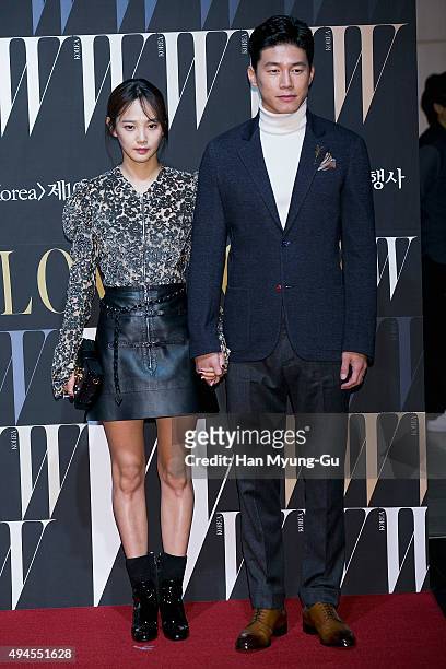 South Korean actors Yoon Seung-A and Kim Moo-Yeol pose for photographs at the W Magazine Korea Breast Cancer Awareness Campaign 'Love Your W' photo...