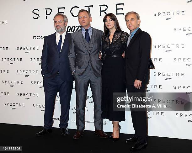 Sam Mendes, Daniel Craig, Monica Bellucci and Christoph Waltz attend a red carpet for 'Spectre' on October 27, 2015 in Rome, Italy.