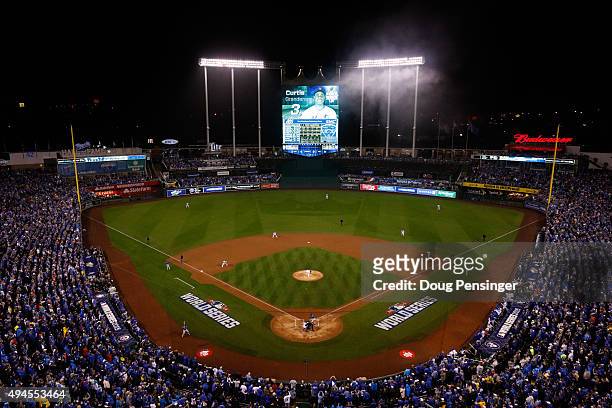 General view of Kauffman Stadium as Edinson Volquez of the Kansas City Royals throws the first pitch against the New York Mets in the first inning...