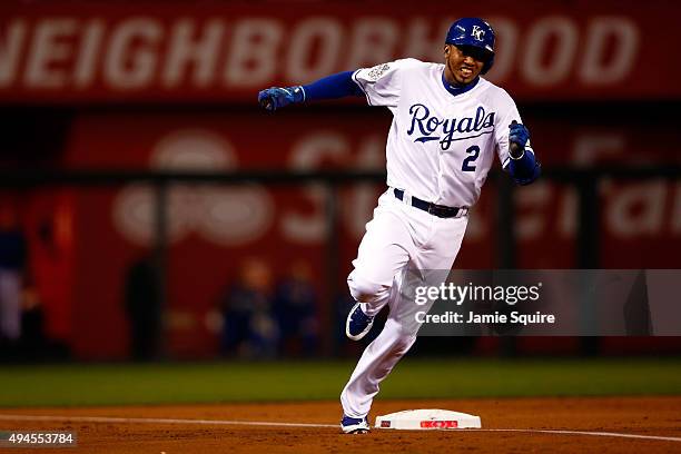 Alcides Escobar of the Kansas City Royals runs the bases after hitting an inside the park home run in the first inning against the New York Mets...