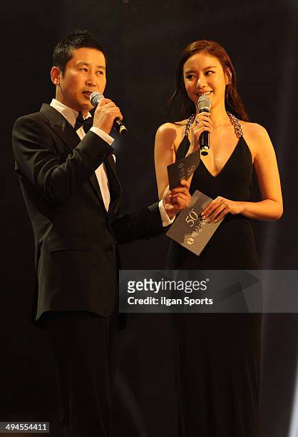 Shin Dong-Yeop and Kim A-Joong speak during the 50th Paeksang Arts Awards at Grand Peace Palace in Kyung Hee University on May 27, 2014 in Seoul,...