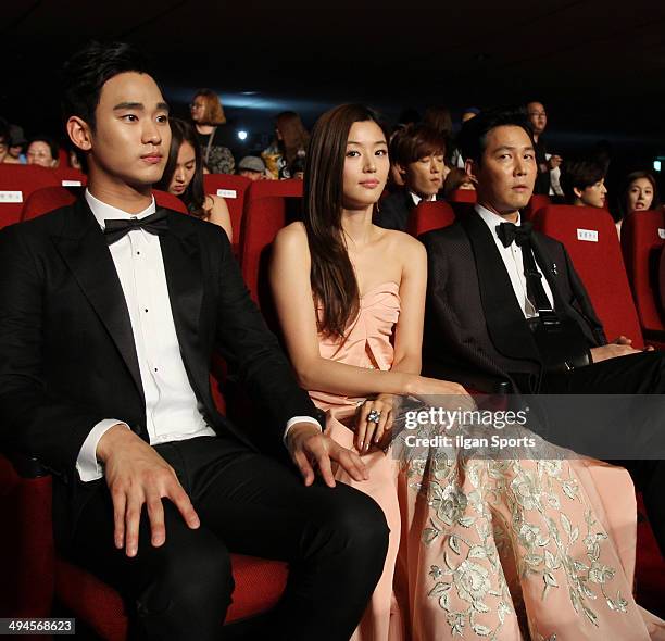 Kim Soo-Hyun, Jeon Ji-Hyun and Lee Jung-Jae attend the 50th Paeksang Arts Awards at Grand Peace Palace in Kyung Hee University on May 27, 2014 in...