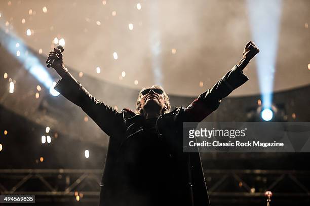 English musician Roger Waters performing live on stage at Wembley Arena during a production of Pink Floyd's rock opera The Wall, on September 20,...