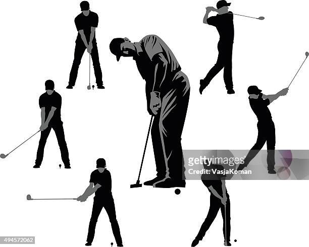 set of golf silhouettes - black and gray - golf swing stock illustrations