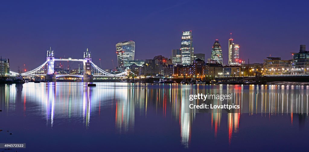 Nightime London skyline And river view.