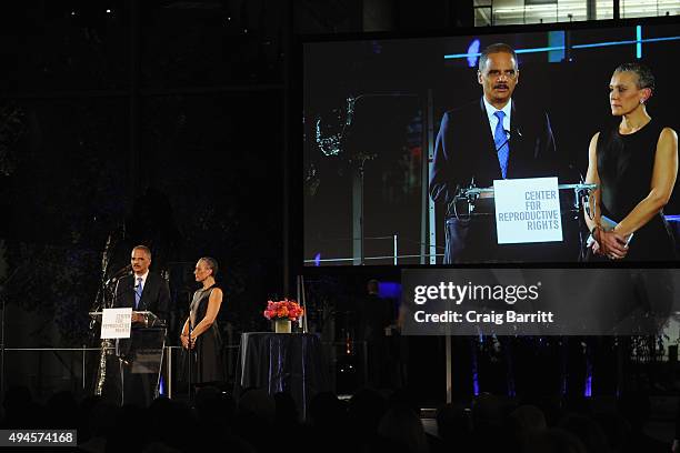 Honorees Former Attorney General Honorable Eric H. Holder, Jr. And Obstetrics and Gynecology Surgeon Dr. Sharon Malone speak onstage at The Center...