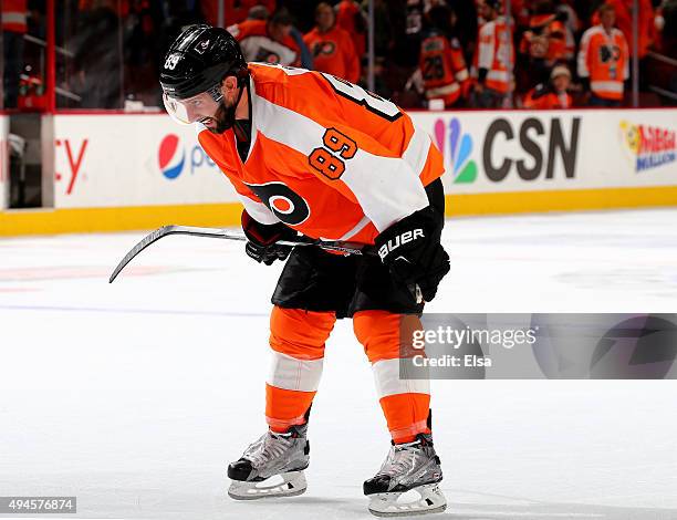 Sam Gagner of the Philadelphia Flyers reacts after the loss to the Buffalo Sabres on October 27, 2015 at the Wells Fargo Center in Philadelphia,...