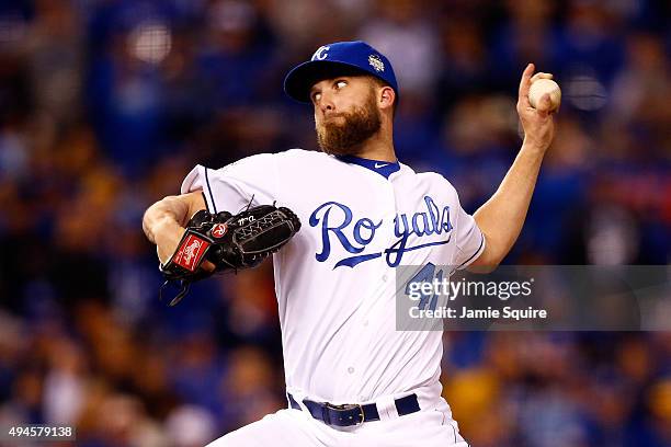 Danny Duffy of the Kansas City Royals throws a pitch in the seventh inning against the New York Mets during Game One of the 2015 World Series at...