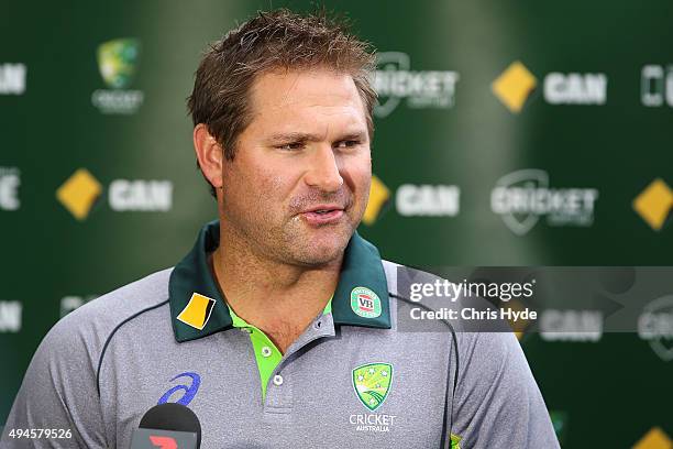 Former Australian player Ryan Harris speaks to media during the Cricket Australia Centenary of ANZACs Test announcement at The Gabba on October 28,...