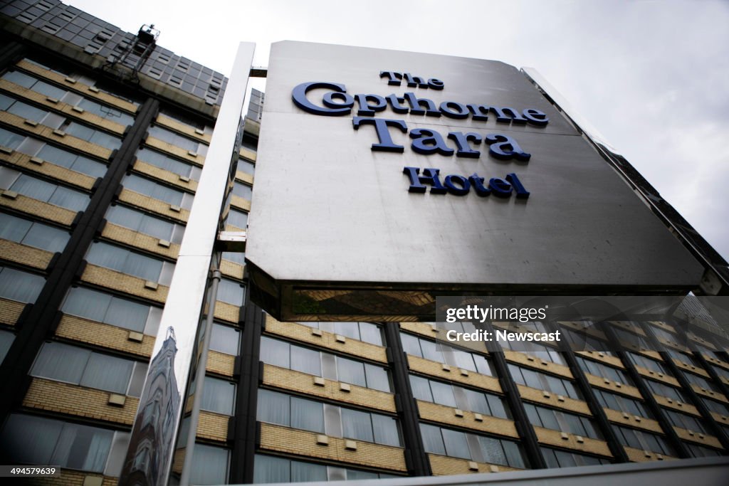 Exterior signage of The Copthorne Tara hotel in London.