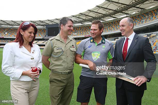 Sam Jackman, Lt. Col Rick Maher, Former Australian player Ryan Harris and Stuart Robert MP pose during the Cricket Australia Centenary of ANZACs Test...